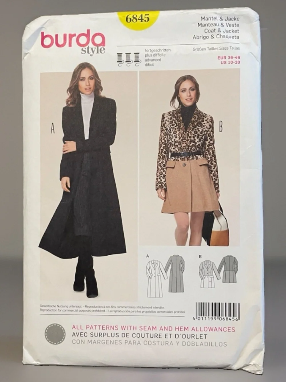 Burda 6845 Pattern Sizes 10-20 Women's Coat Sewing Pattern Uncut